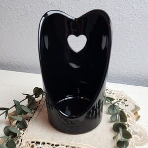 Black Ceramic High Wall Spoon Rest or Candle Holder, Cutout Heart